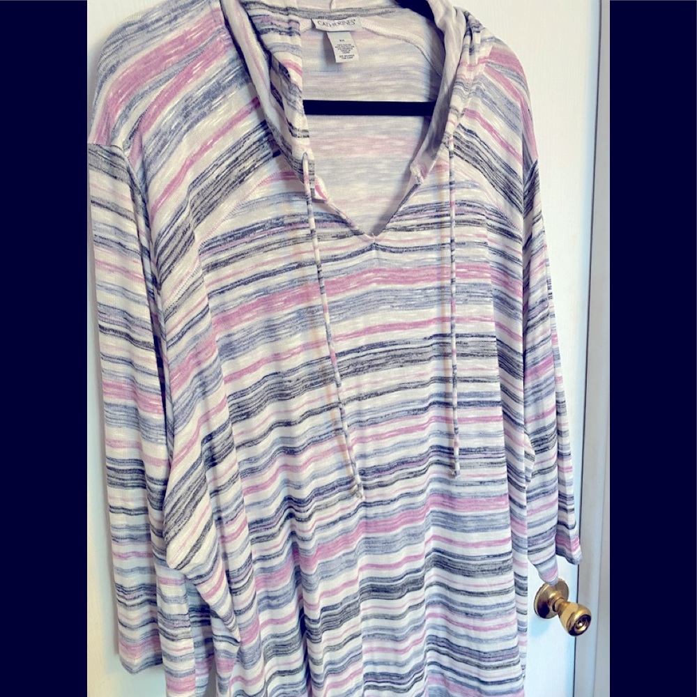 Plus size Hooded top.  Pretty stripes with gray, pink, off white.  NWT